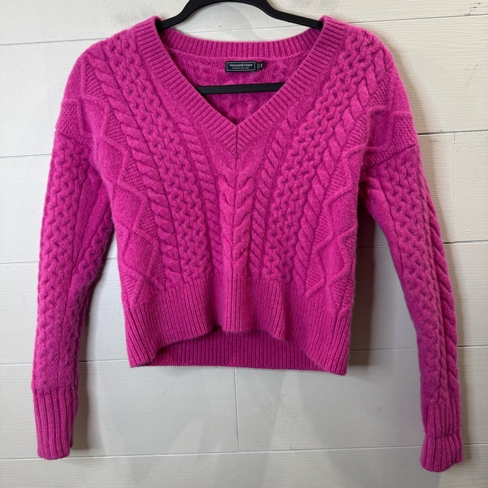 Vineyard Vines Cropped Cable V-Neck 100% Merinol Wool Sweater Size XS